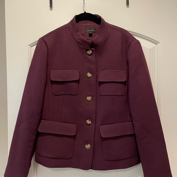 Ann Taylor blazer in deep cranberry color. Beautiful buttons and pocket details. - Picture 1 of 4